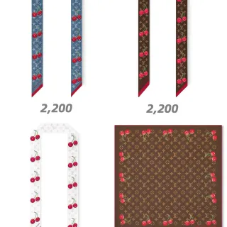 Louis Vuitton চেরি প্রিন্ট মনোগ্রাম স্কার্ফ নীল লাল মোটিফ সিল্ক স্কার্ফ