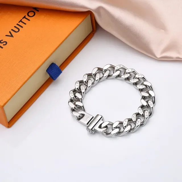 Louis Vuitton Curb Link Bracelet Silver Gold Chunky Engraved Monogram Bracelet 5