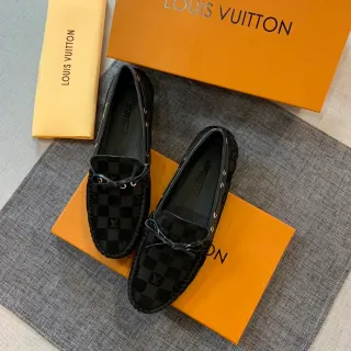 Louis Vuitton Damier Graphite Black Checkerboard Canvas borda de couro trançado Mocassim