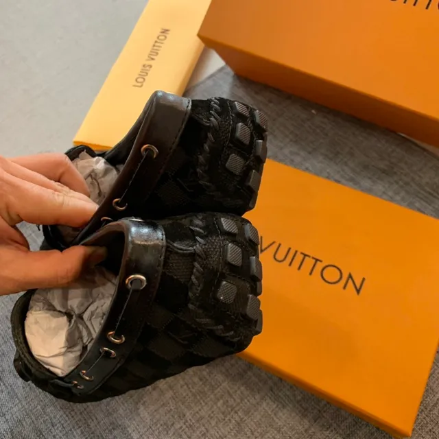 Louis Vuitton Damier Graphite Black Checkerboard Canvas borde de cuero trenzado Mocasín 2