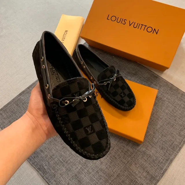 Louis Vuitton Damier Graphite Black Checkerboard Canvas borde de cuero trenzado Mocasín 3