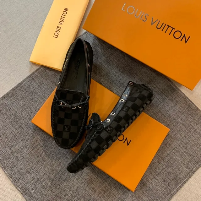 Louis Vuitton Damier Graphite Black Checkerboard Canvas borde de cuero trenzado Mocasín 4