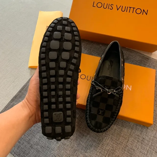 Louis Vuitton Damier Graphite Black Checkerboard Canvas borde de cuero trenzado Mocasín 5