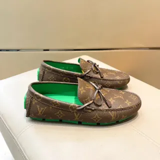 Louis Vuitton Driver Brown Green Monogram Canvas Bow-Tie Detail Loafer