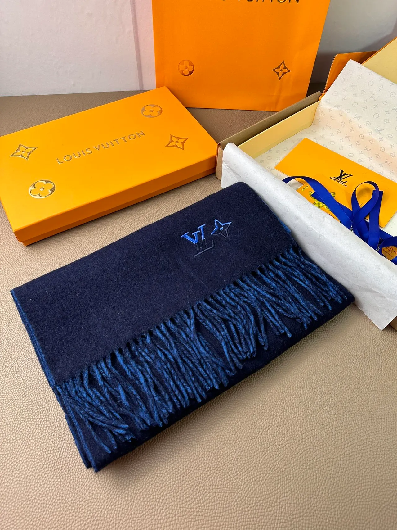 Louis Vuitton Embroidered Monogram Navy Cashmere Scarf 9