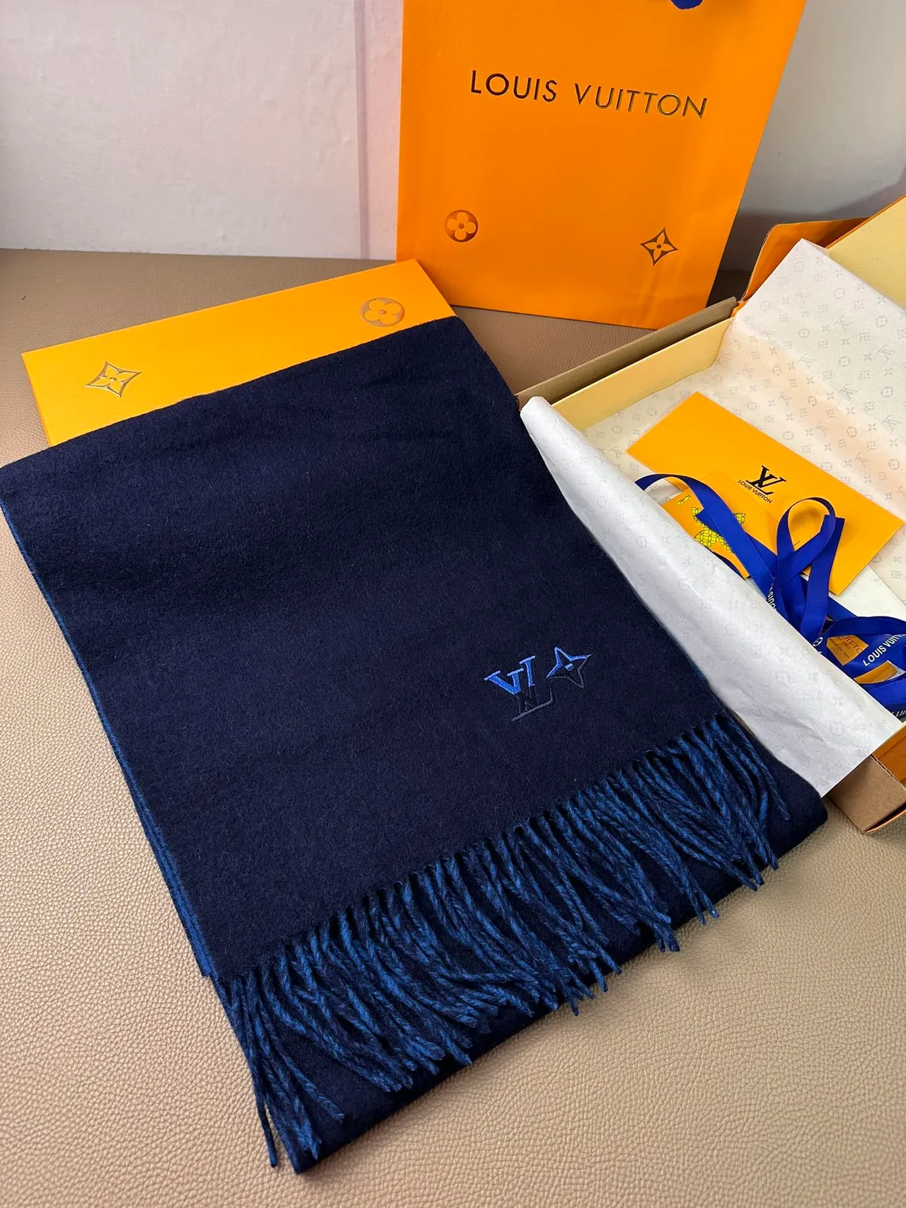 Louis Vuitton Embroidered Monogram Navy Cashmere Scarf 4
