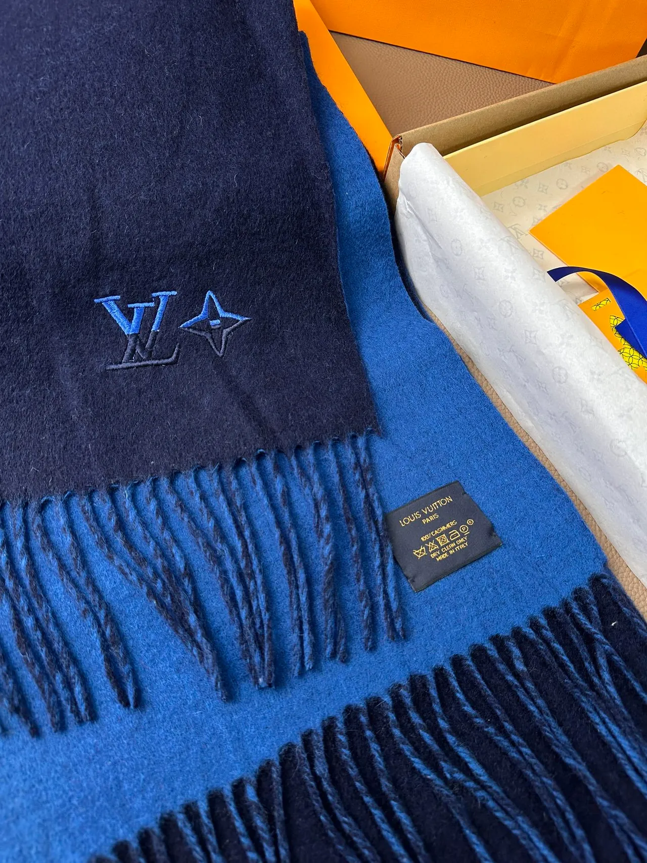 Louis Vuitton Embroidered Monogram Navy Cashmere Scarf 5