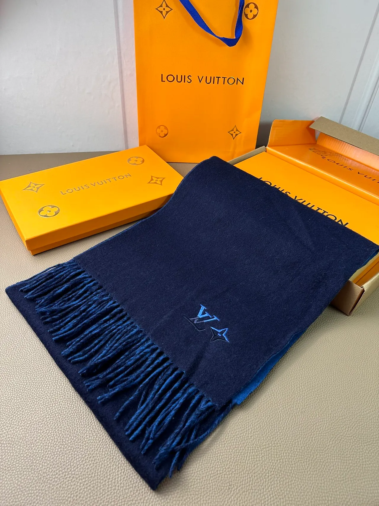 Louis Vuitton Embroidered Monogram Navy Cashmere Scarf 6