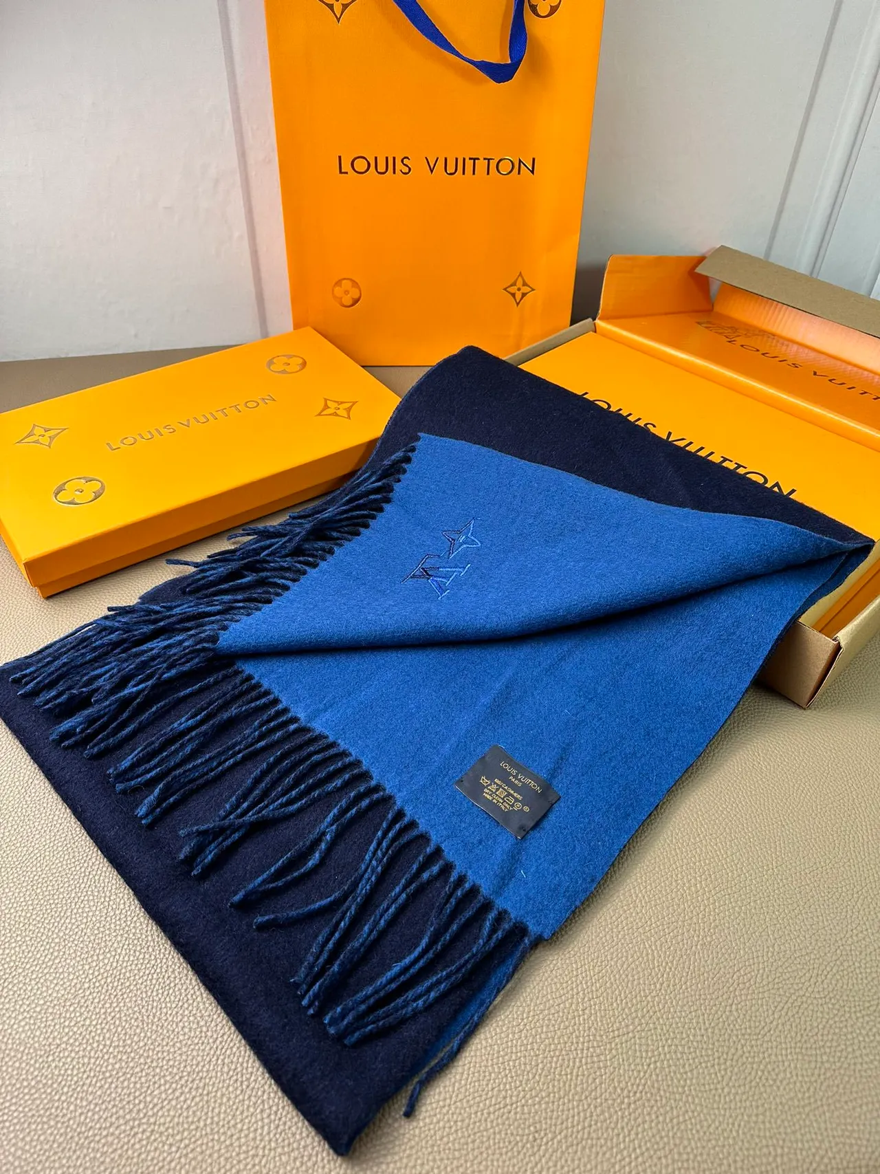 Louis Vuitton Embroidered Monogram Navy Cashmere Scarf 7