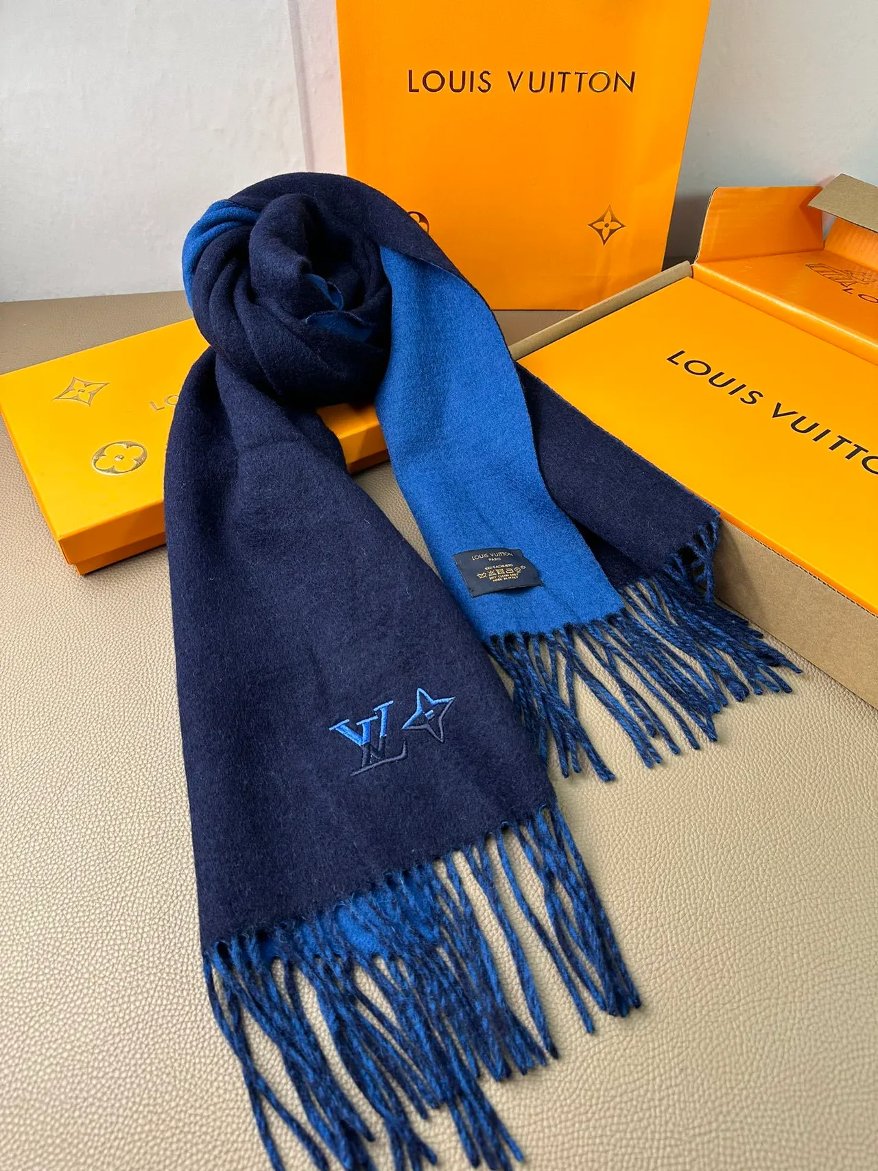 Louis Vuitton Embroidered Monogram Navy Cashmere Scarf 8