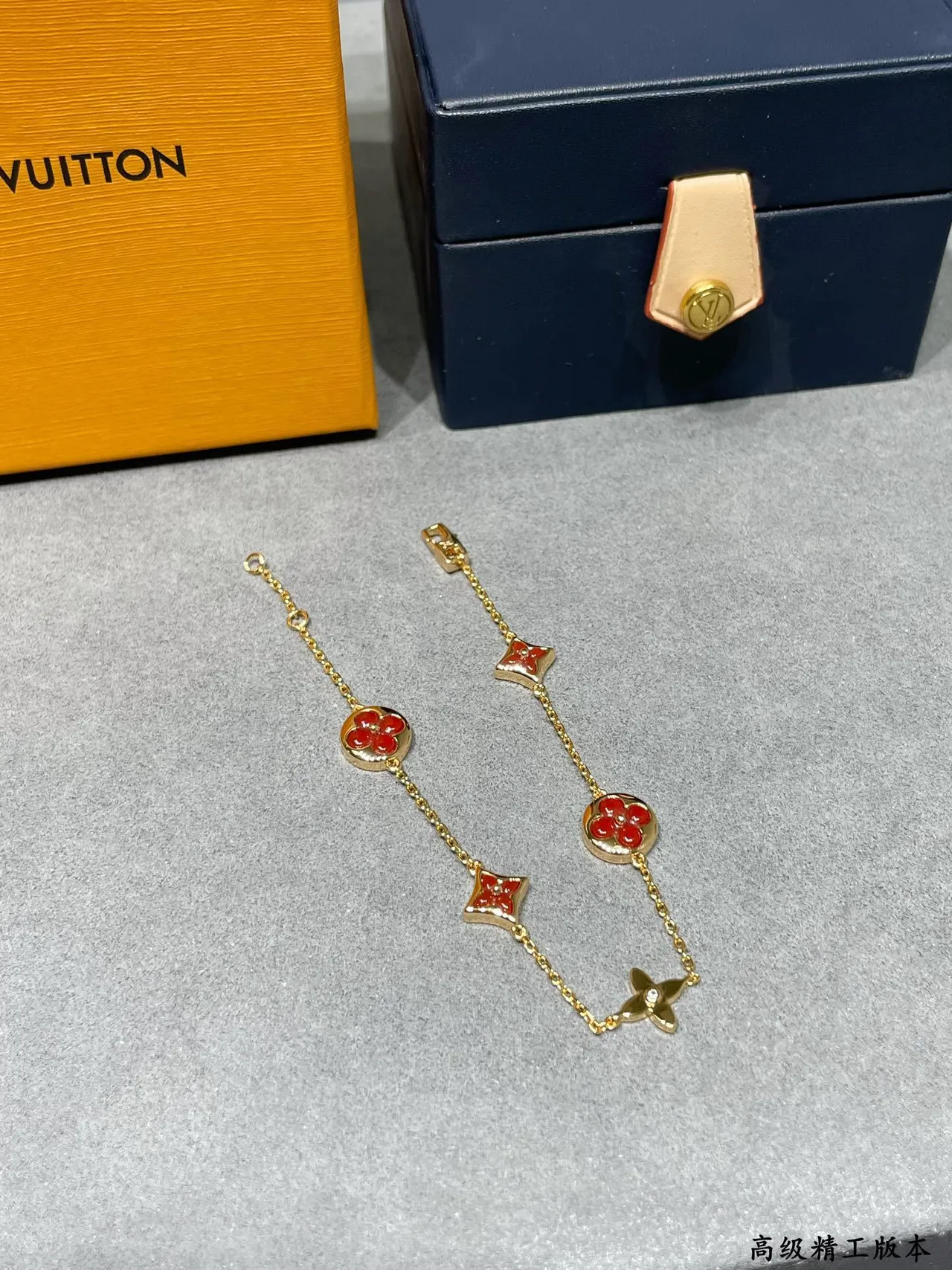 Louis Vuitton Floral Monogram Charm Bracelet Gold Red Chain Enamel Motifs Bracelet 8