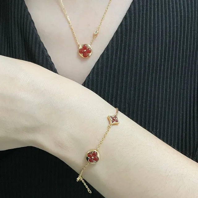 Louis Vuitton Floral Monogram Charm Bracelet Gold Red Chain Enamel Motifs Bracelet 9