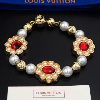 Louis Vuitton Motivo Floral Piedras Rojas y Perla Pulsera