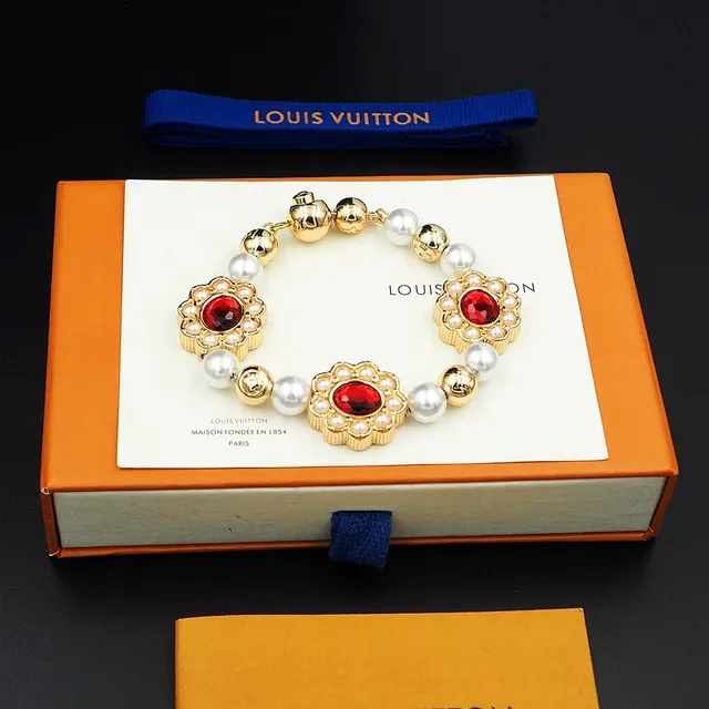 Louis Vuitton Floral Motif Red Stone and Pearl Bracelet 2