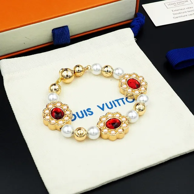 Louis Vuitton Floral Motif Red Stone and Pearl Bracelet 7
