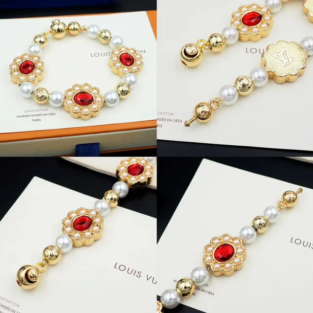 Louis Vuitton Floral Motif Red Stone and Pearl Bracelet 9