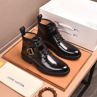 Louis Vuitton Glossy Black Lace-Up Buckle Ankle Boots