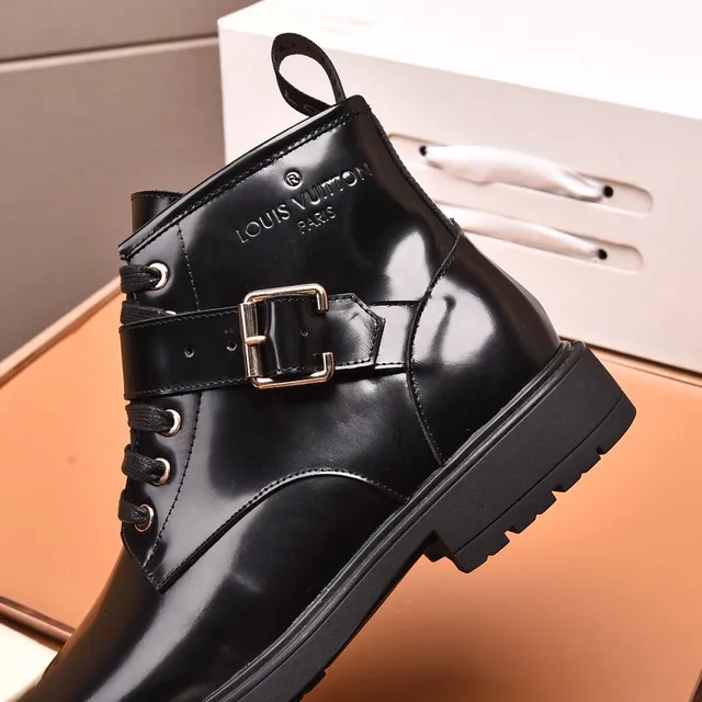Louis Vuitton Glossy Black Lace-Up Buckle Ankle Boots 2