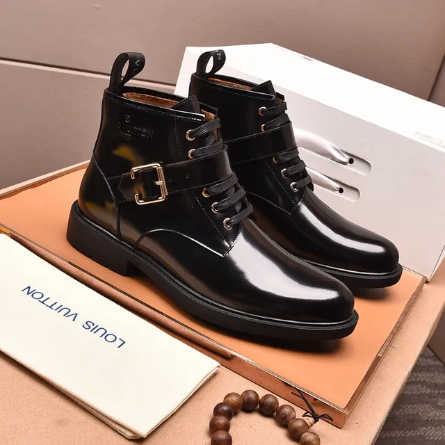Louis Vuitton Glossy Black Lace-Up Buckle Ankle Boots 8