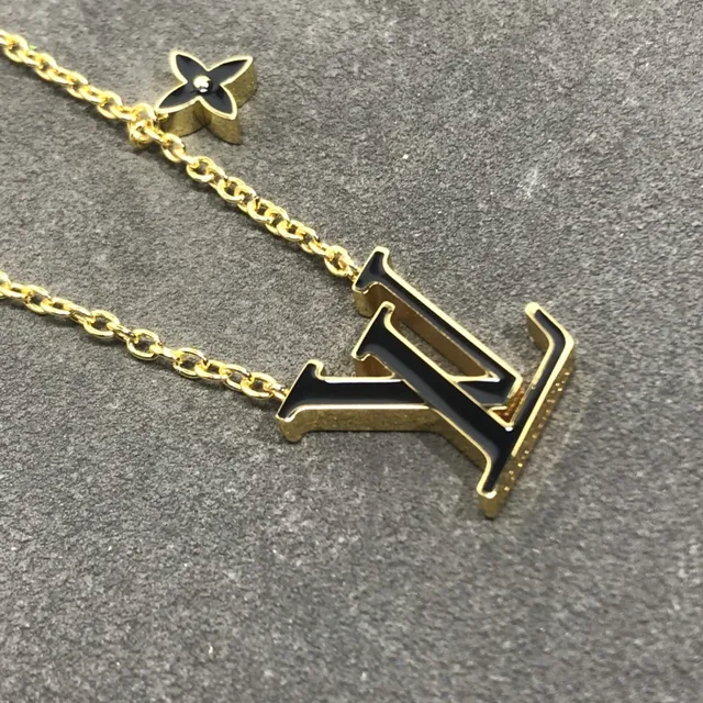 Louis Vuitton Gold Black Chain Enamel LV Monogram Necklace 2