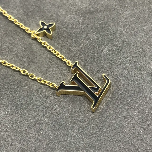Louis Vuitton Gold Black Chain Enamel LV Monogram Necklace 3