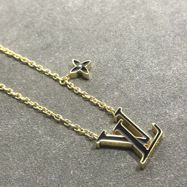 Louis Vuitton Gold Black Chain Enamel LV Monogram Necklace 4