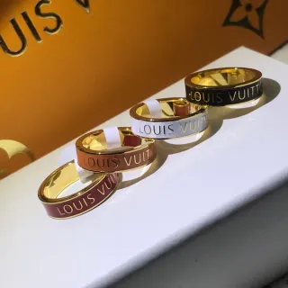 Louis Vuitton Gold Black Enamel-Band Engraved Logo Ring