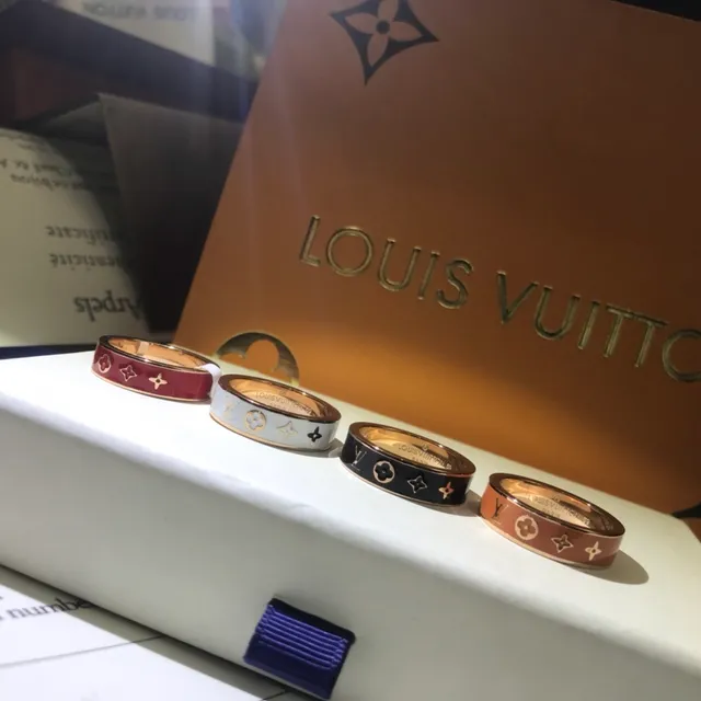 Louis Vuitton Gold Black Enamel-Band Engraved Logo Ring 2