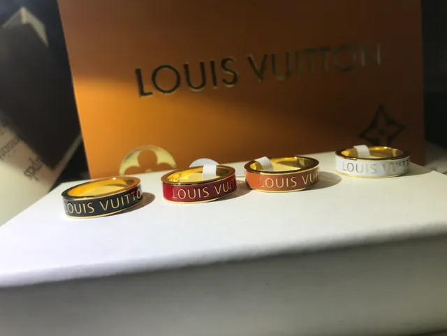 Louis Vuitton Gold Black Enamel-Band Engraved Logo Ring 4