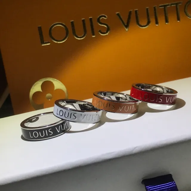 Louis Vuitton Gold Black Enamel-Band Engraved Logo Ring 6