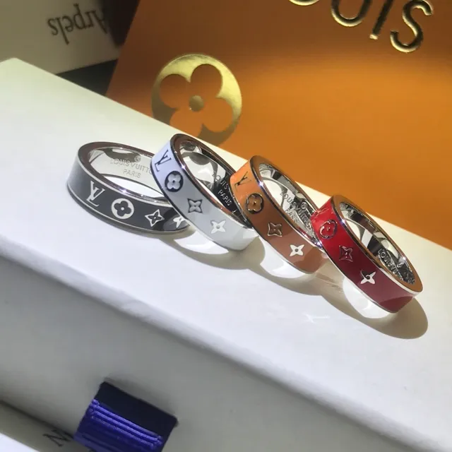 Louis Vuitton Gold Black Enamel-Band Engraved Logo Ring 7