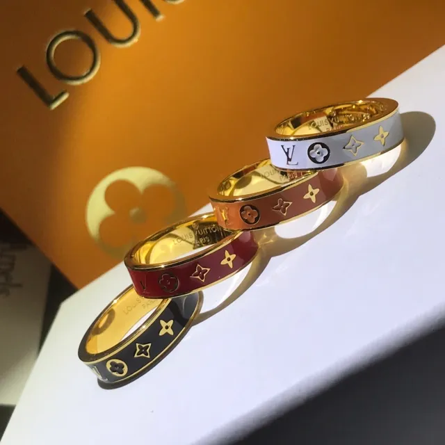Louis Vuitton Gold Black Enamel-Band Engraved Logo Ring 8