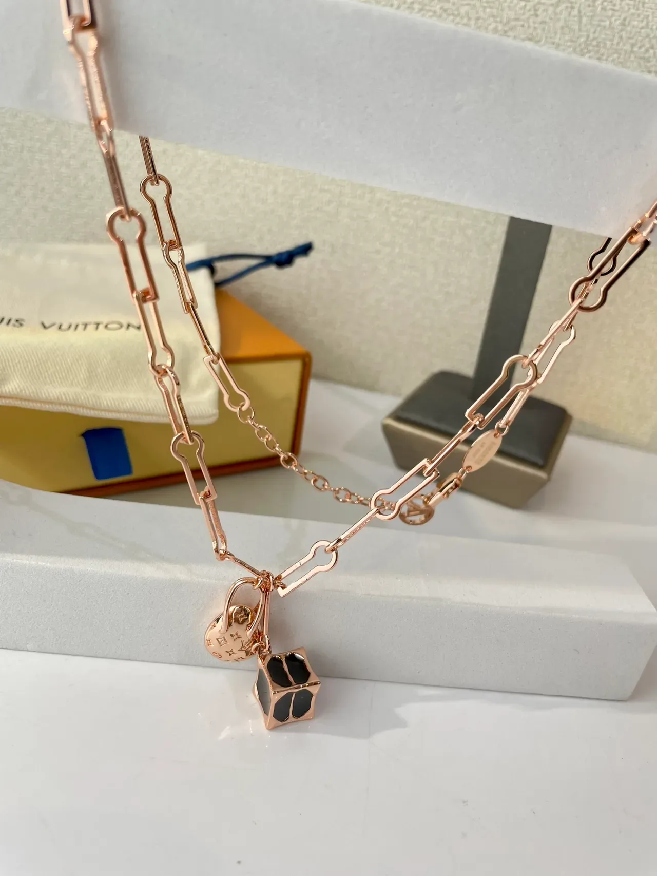 Louis Vuitton Gold Black Rectangular Link Chain Dual Pendant Charms Necklace 2