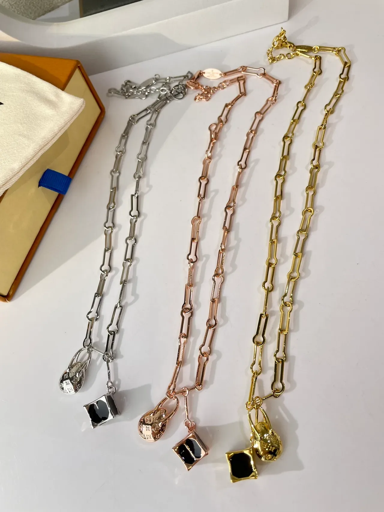 Louis Vuitton Gold Black Rectangular Link Chain Dual Pendant Charms Necklace 3
