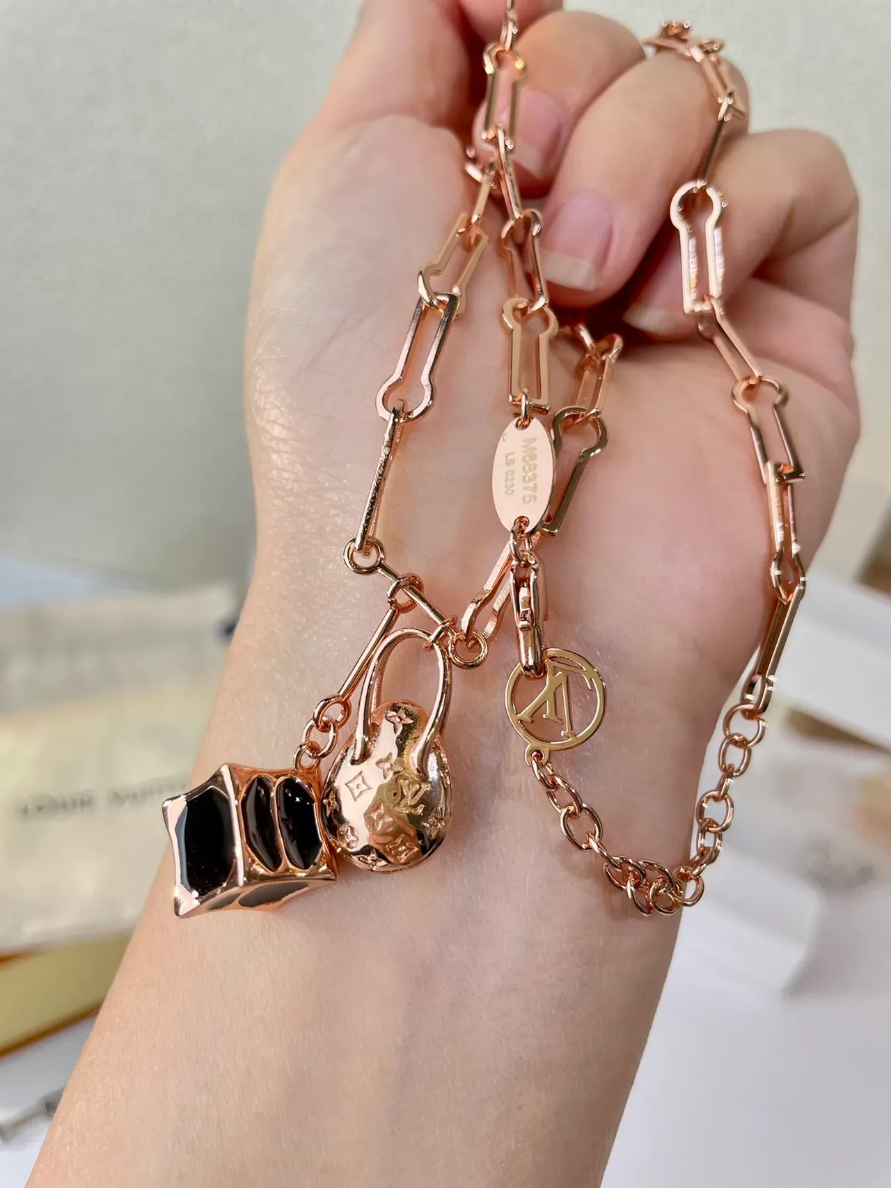 Louis Vuitton Gold Black Rectangular Link Chain Dual Pendant Charms Necklace 4