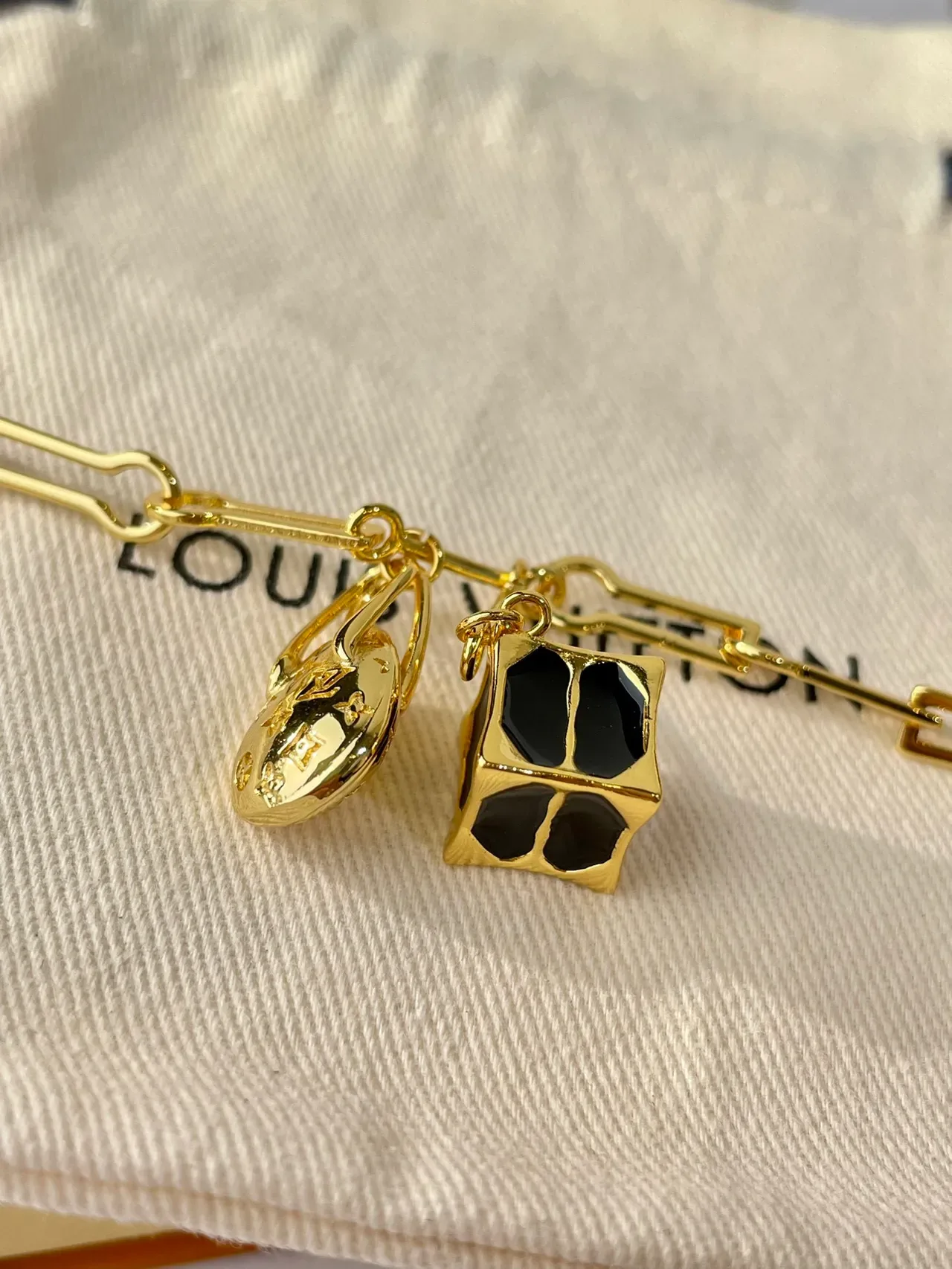 Louis Vuitton Gold Black Rectangular Link Chain Dual Pendant Charms Necklace 6