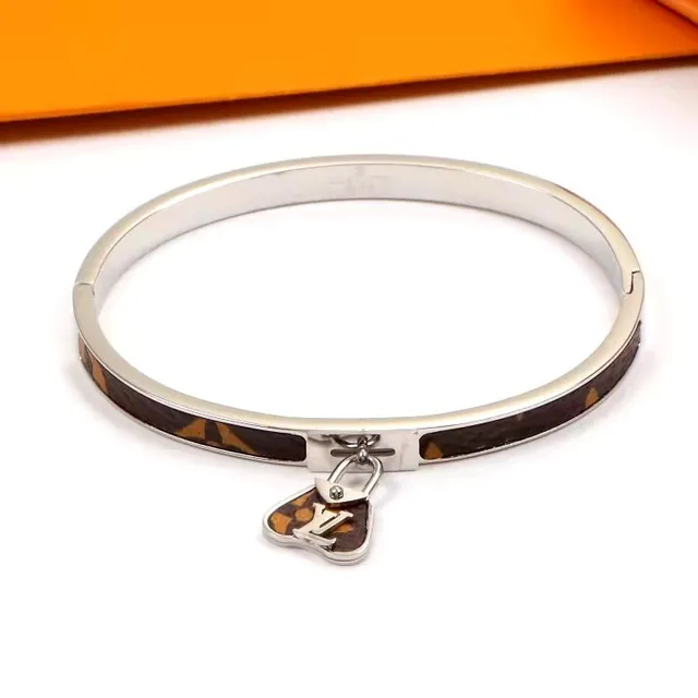 Louis Vuitton Gold Brown Hinged Bangle Monogram Leather Inlay Bracelet 3
