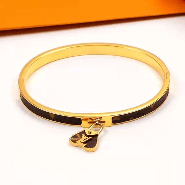 Louis Vuitton Gold Brown Hinged Bangle Monogram Leather Inlay Bracelet 4