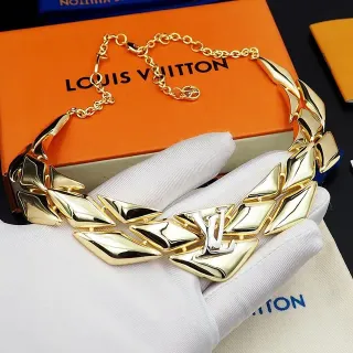Louis Vuitton Gold Geometric Leaf-Link Choker Polished Metal Necklace
