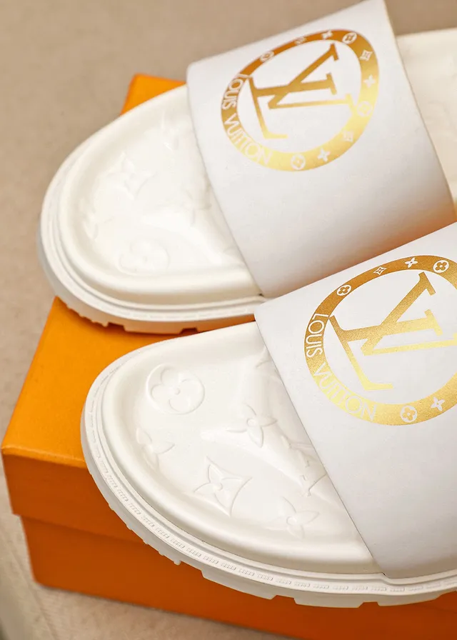 Louis Vuitton Gold Monogram Logo White Slipper 7