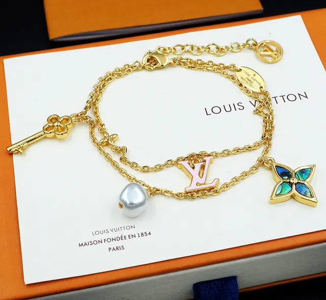 Louis Vuitton Gold Pink Multi-Charm Layered Chain Bracelet 2
