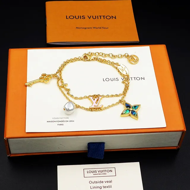 Louis Vuitton Gold Pink Multi-Charm Layered Chain Bracelet 4