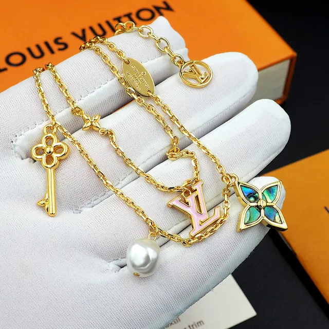 Louis Vuitton Gold Pink Multi-Charm Layered Chain Bracelet 8