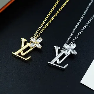 Louis Vuitton Gold Silver Monogram Pendant Crystal Flower Accent Necklace