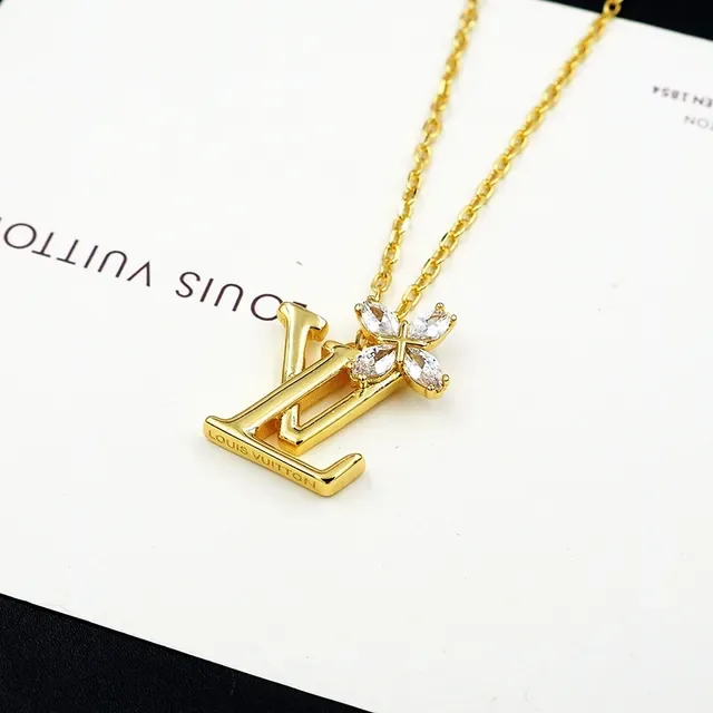 Louis Vuitton Gold Silver Monogram Pendant Crystal Flower Accent Necklace 2