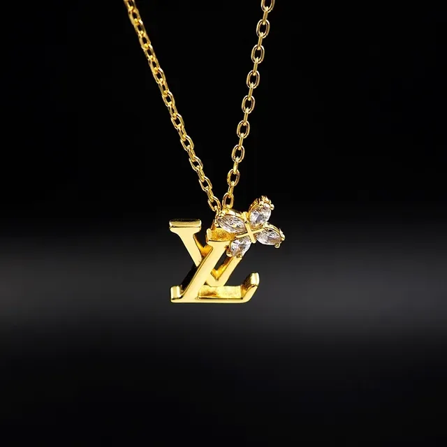 Louis Vuitton Gold Silver Monogram Pendant Crystal Flower Accent Necklace 3