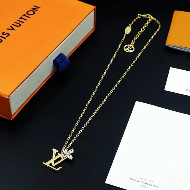 Louis Vuitton Gold Silver Monogram Pendant Crystal Flower Accent Necklace 8