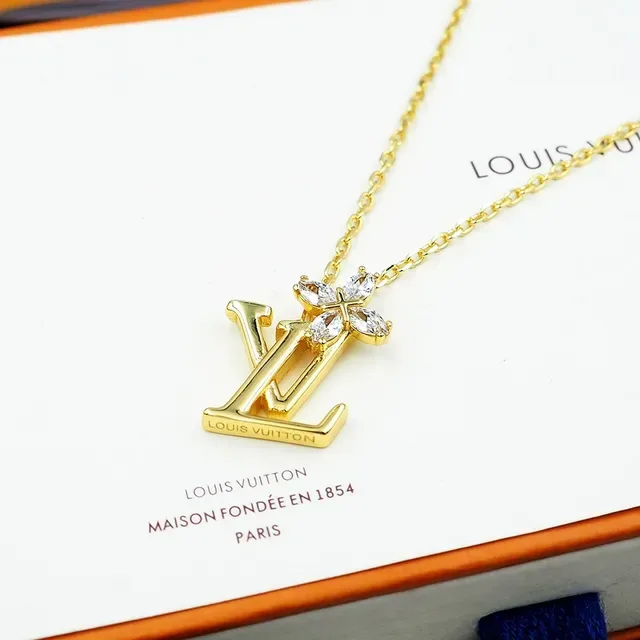 Louis Vuitton Gold Silver Monogram Pendant Crystal Flower Accent Necklace 11