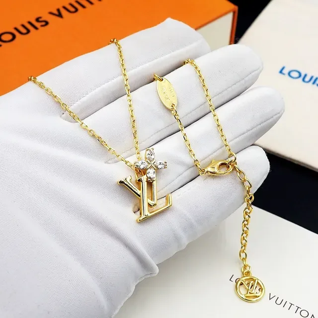 Louis Vuitton Gold Silver Monogram Pendant Crystal Flower Accent Necklace 12