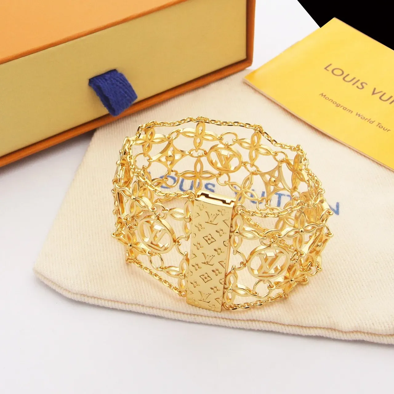 Louis Vuitton Gold Silver Openwork Monogram Lattice Chain-Link Construction Bracelet 2